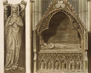 Effigy of Avelinen, Edmund Crouchbackin ensimmäinen vaimo, Earl of Lancaster, alttarin pohjoispuolella, levy G Westminster Abbeysta, kaiverrettu J. Bluck (fl.1791-1831) pub. Kirjailija: Rudolph Ackermann (